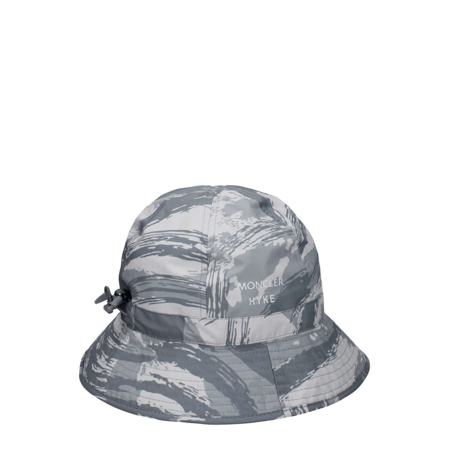 Moncler Gray Polyester Bucket Hat with front logo and drawstring closure in a sporty glam style, made of 100% polyester.