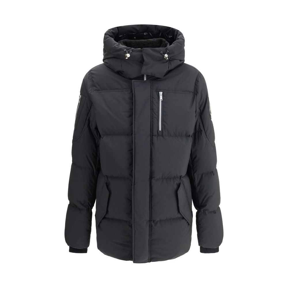 Moose Knuckles Black Nylon Coat with hood, zip and snap closure, and elastic cuffs, showcasing modern winter protection and style.