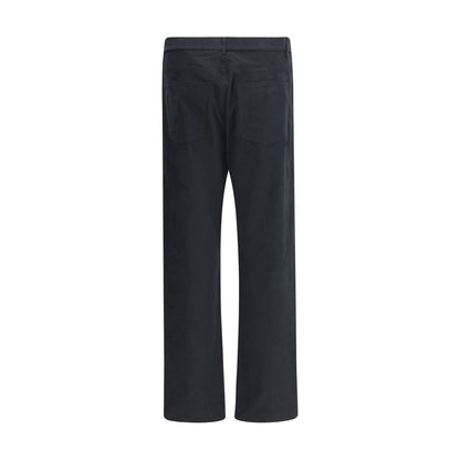 Back view of Moschino Black Cotton Casual Pants in classic straight-leg style with a distinctive front patch, five-pocket construction, and waist loops.