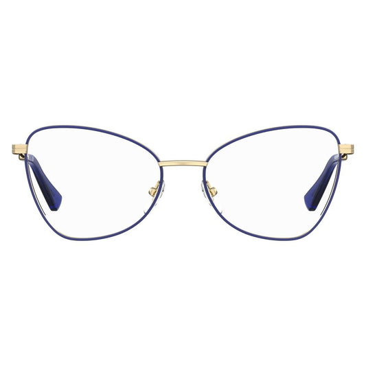 Moschino Blue Metal Frames for women, style MOS574-PJP, featuring elegant cat-eye shape with blue metal finish, size 52/16/140 mm.