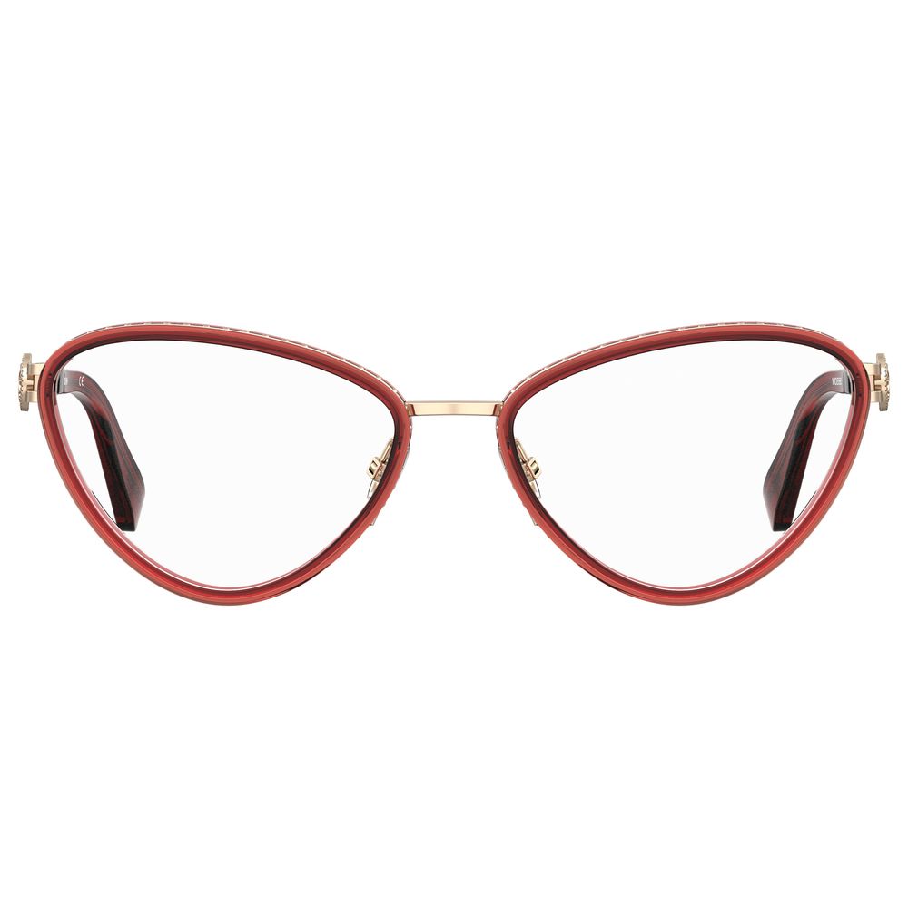 Moschino Burgundy Metal Frames with cat-eye shape, designed for women. Lens/Bridge/Temple dimensions: 54/17/135mm. Stylish and elegant eyewear.