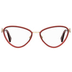 Moschino Burgundy Metal Frames with cat-eye shape, designed for women. Lens/Bridge/Temple dimensions: 54/17/135mm. Stylish and elegant eyewear.