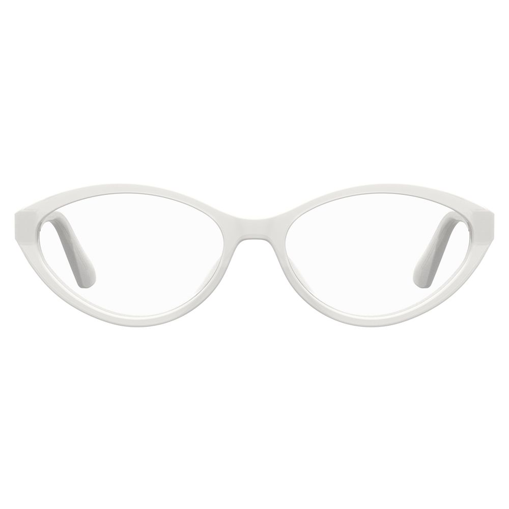 Front view of Moschino White Acetate Frames, style MOS597-VK6, with dimensions 55/16/140 mm, made from high-quality acetate.