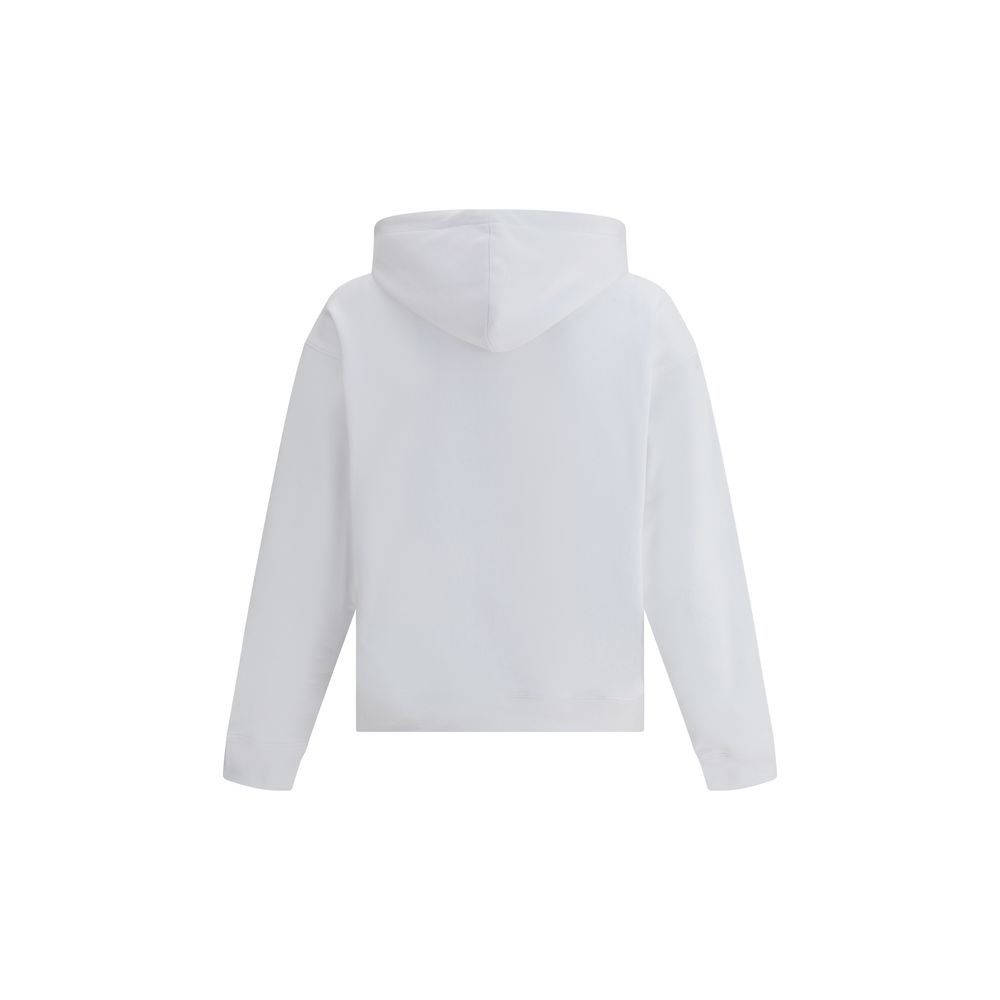 Back view of a Moschino White Cotton Sweatshirt with hood, showcasing the ribbed hem and cuffs, made from 100% cotton. Stylish and contemporary.
