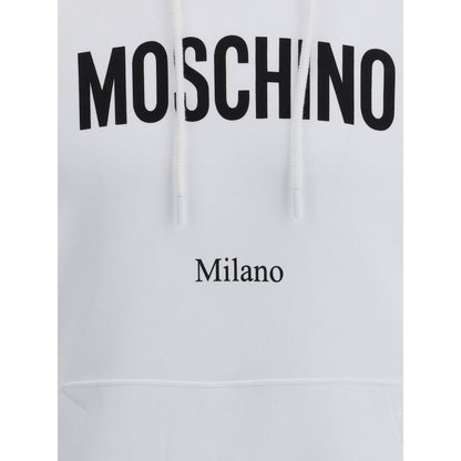 Moschino White Cotton Sweatshirt with monogram print, drawstring hood, and pouch pocket, featuring ribbed cuffs and hem for comfort.
