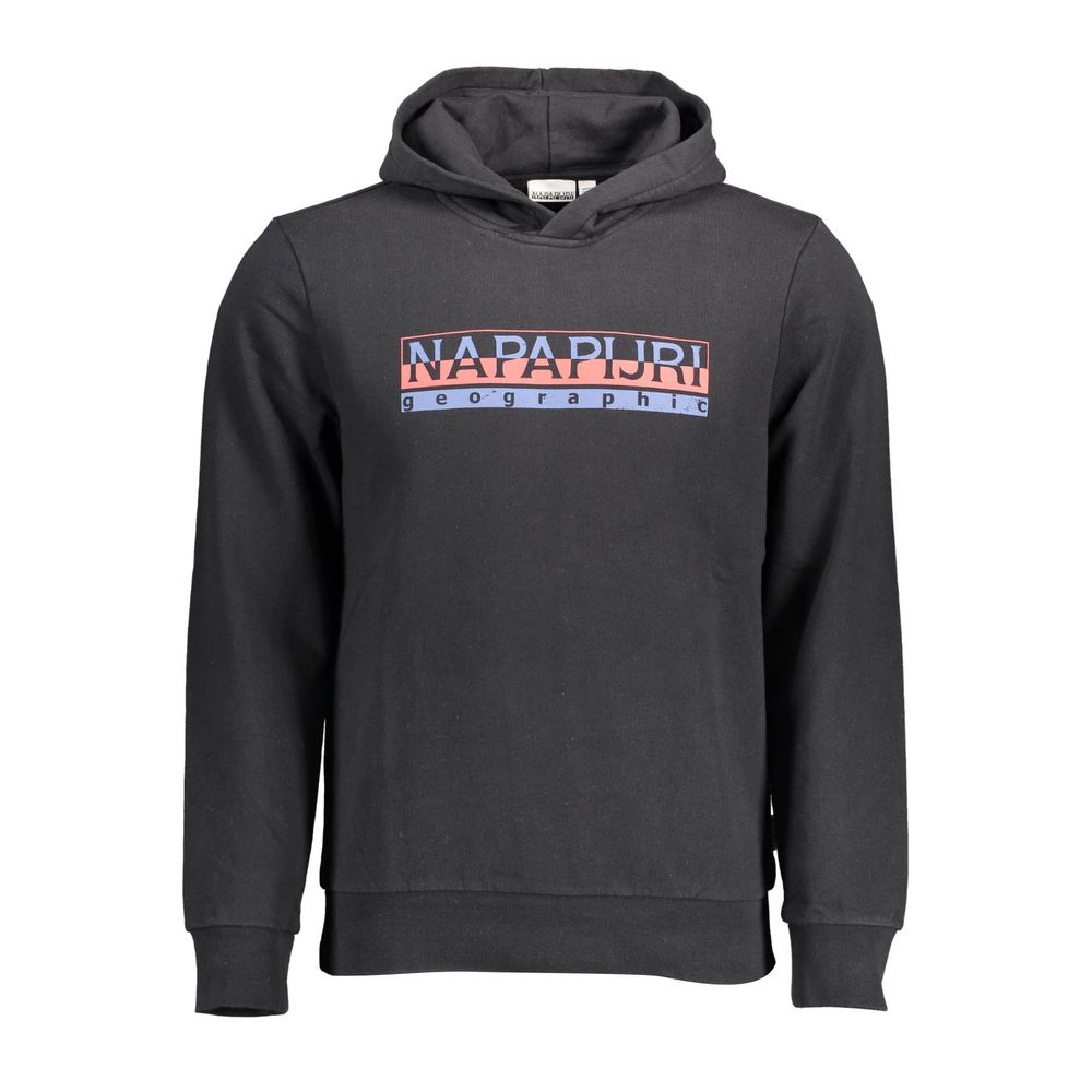 Napapijri Black Cotton Men Hoodie featuring iconic logo and print, ideal for modern trendsetters seeking style and comfort.