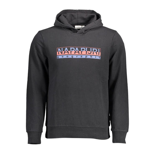 Napapijri Black Cotton Men Hoodie featuring iconic logo and print, ideal for modern trendsetters seeking style and comfort.