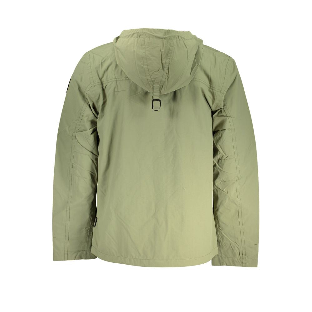 Napapijri Green Polyester Men Jacket with hood, perfect for outdoor adventures, features waterproof design and sleek style.