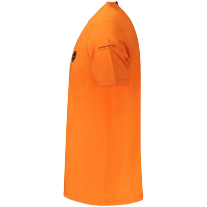 Napapijri Orange Cotton Men T-Shirt side view with bold logo, organic cotton material, perfect for sustainable fashion enthusiasts.