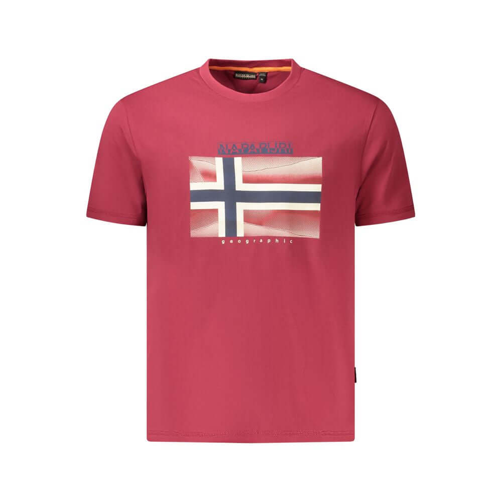 Napapijri Red Cotton Men T-Shirt with logo and flag print, 100% organic cotton, short sleeve, crew neck, sustainable fashion.