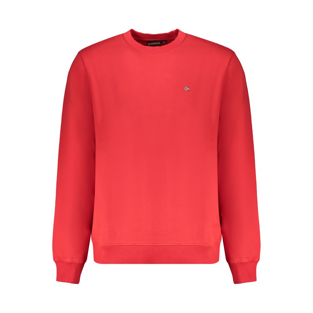Napapijri Red Organic Cotton Men Sweater with long sleeves and crew neck, featuring bold embroidery and logo, sustainable fashion choice