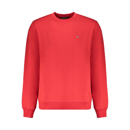 Napapijri Red Organic Cotton Men Sweater with long sleeves and crew neck, featuring bold embroidery and logo, sustainable fashion choice