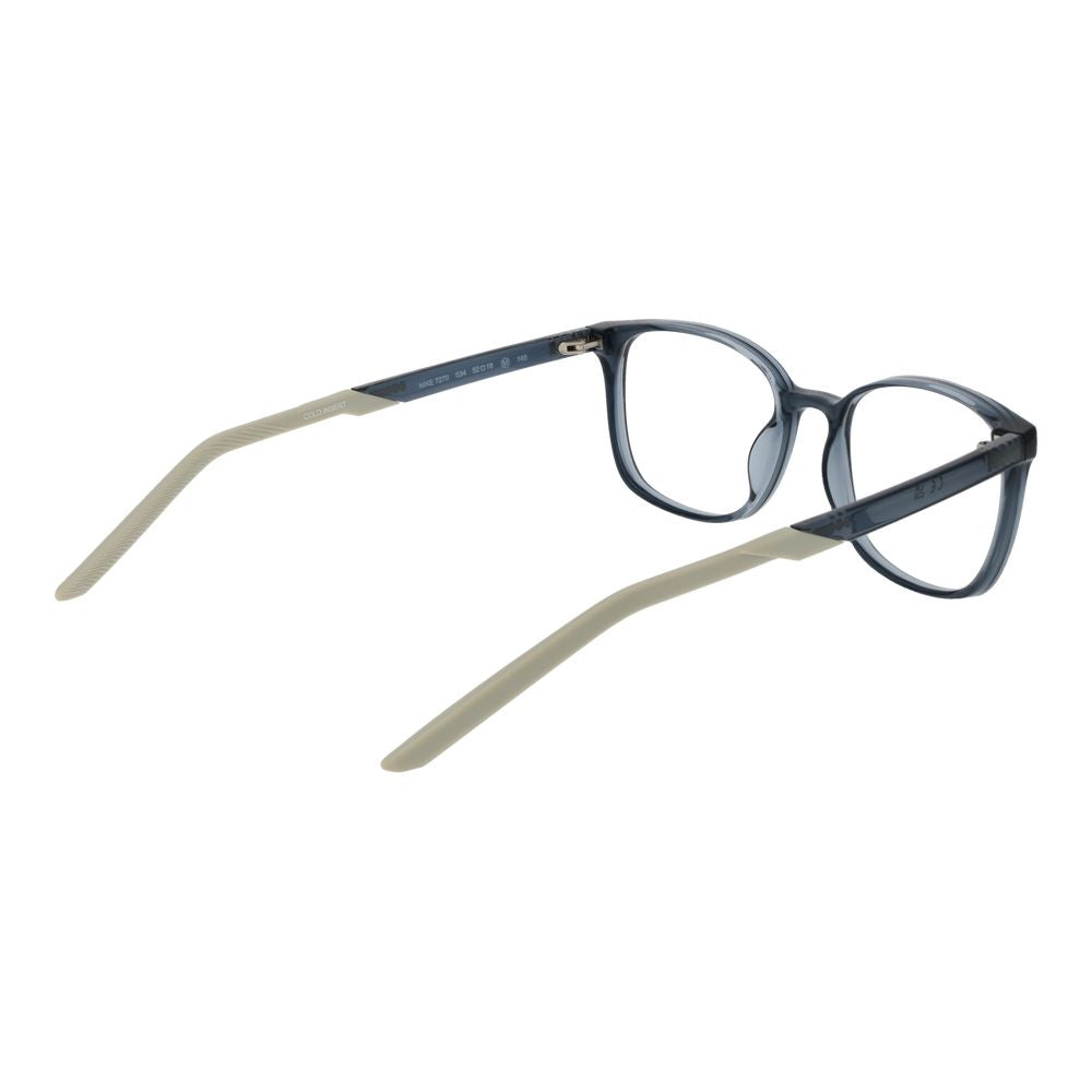 Nike Gray Unisex Glasses Frame in stainless steel with full-rim square style and demo lenses, shown from rear angle.