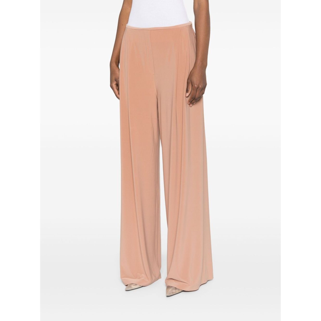 Norma Kamali Trousers Beige with elasticated waistband and wide-leg design, featuring two side inset pockets, high-waisted fit.