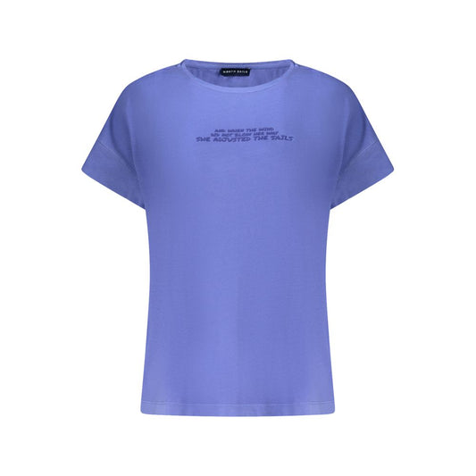 North Sails Blue Cotton Women T-Shirt with short sleeves and wide neck design, featuring embossed print and iconic logo.