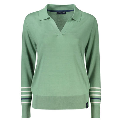 North Sails Green Cotton Women Sweater with V-neck and long sleeves, showcasing contrasting details, epitomizing casual sophistication.