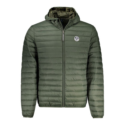 North Sails Green Polyamide Men Jacket with hood and logo, featuring lightweight insulation and multiple pockets for versatile style.
