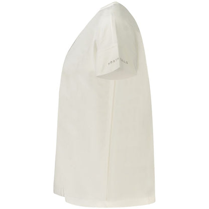 Side view of North Sails White Cotton Women T-Shirt showcasing embossed logo, short sleeves, and wide neck design for a chic look.