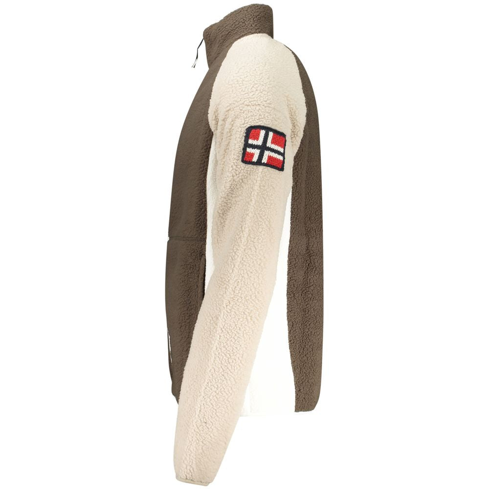 Side view of Norway 1963 Brown Polyester Men Sweater with fleece fabric, contrasting details, and embroidered logo on sleeve.