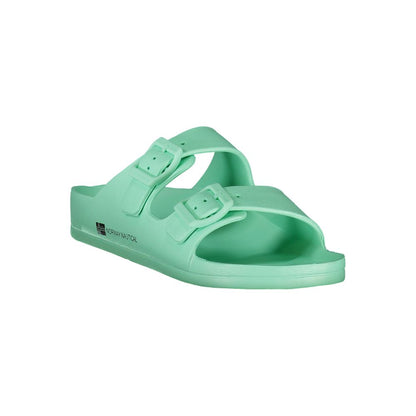 Norway 1963 Green Plastic Women Sandal with dual buckles featuring logo print for a bold, stylish statement.