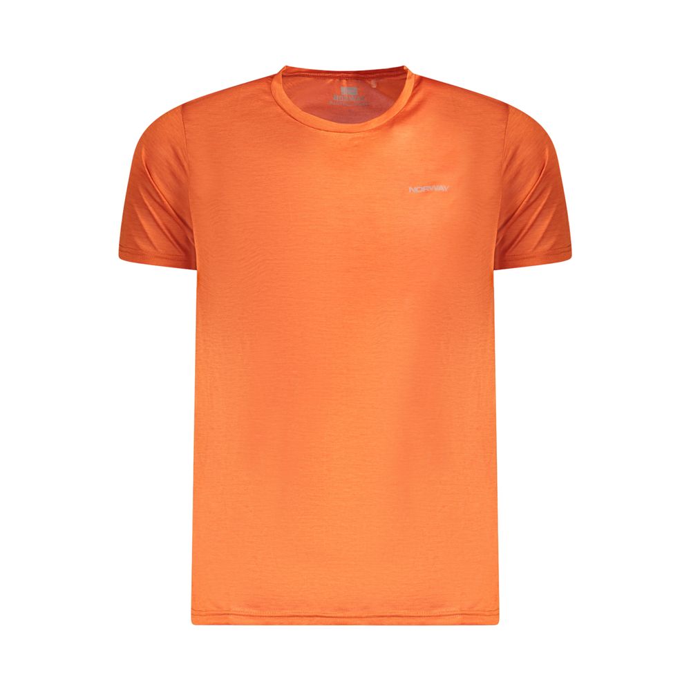 Norway 1963 Orange Polyester Men T-Shirt with crew neck and eco-conscious design, made from 100% recycled polyester for sustainability.