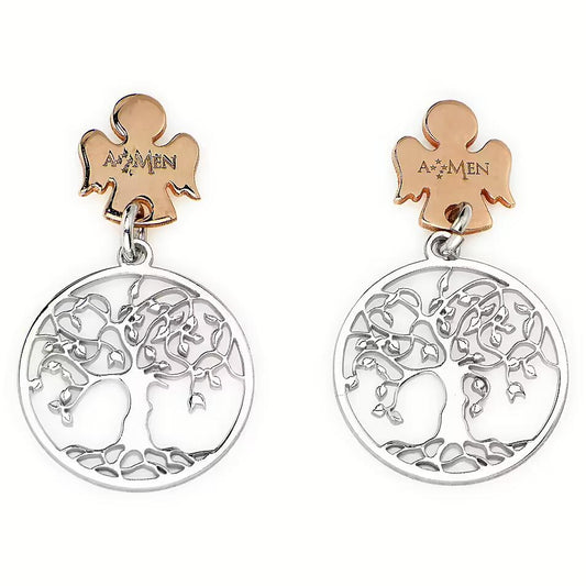 AMEN JEWELRY Mod. ORALABR silver and gold angel earrings featuring a tree of life design