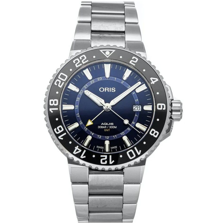 ORIS MOD. AQUIS GMT DATE wristwatch with stainless steel case and bracelet, 30 ATM water resistance, mechanical automatic movement.