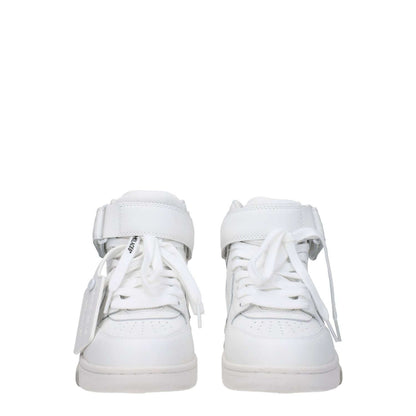 Off-White White Leather High Top Sneakers with strap closure and logo detailing.