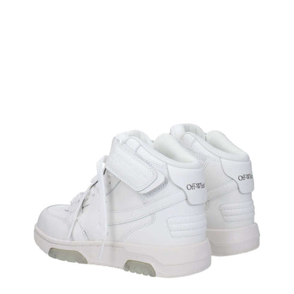 Off-White White Leather High Top Sneakers with strap closure and side logo view