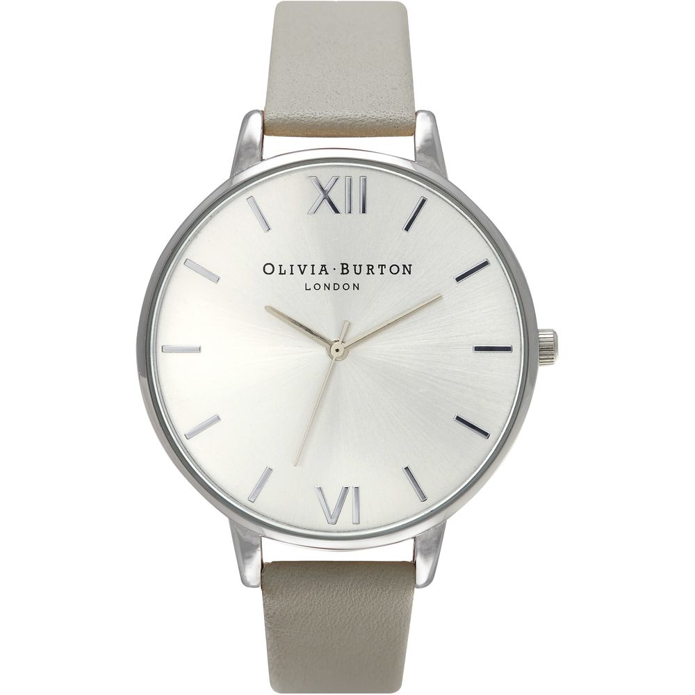 Olivia Burton Gray Leather Dress Watch with silver case and sunray dial, analog quartz mechanism, and grey leather strap.