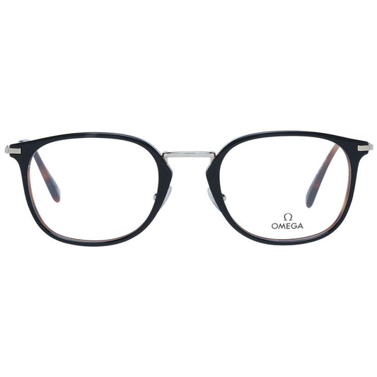 Omega Black Men Glasses Frame with full-rim rectangle style, acetate and metal construction, demo lenses, black color, size 53-21-145.