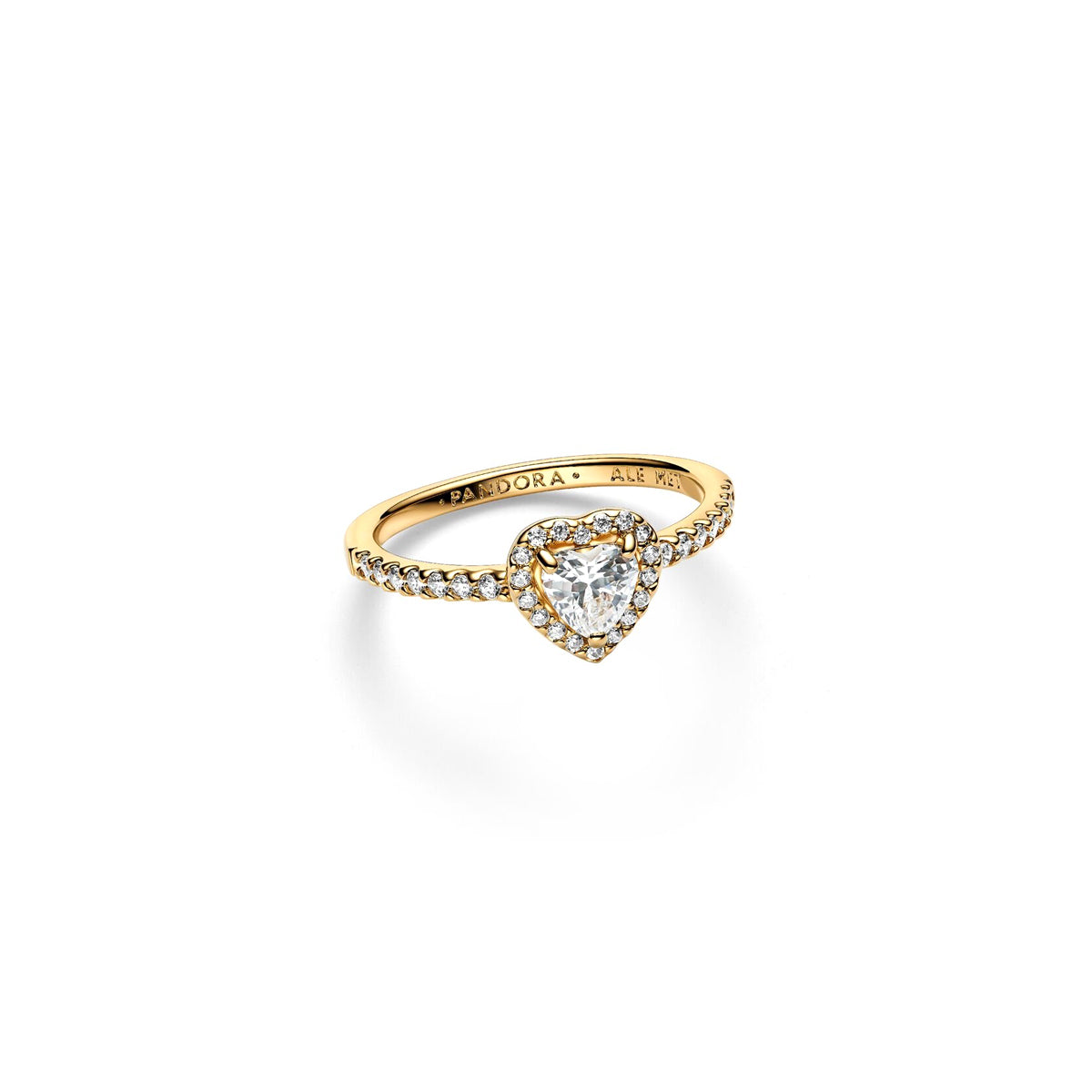 Alt Tag: PANDORA JEWELRY Mod. 168421C01-54 heart-shaped gold ring with sparkling gemstones.