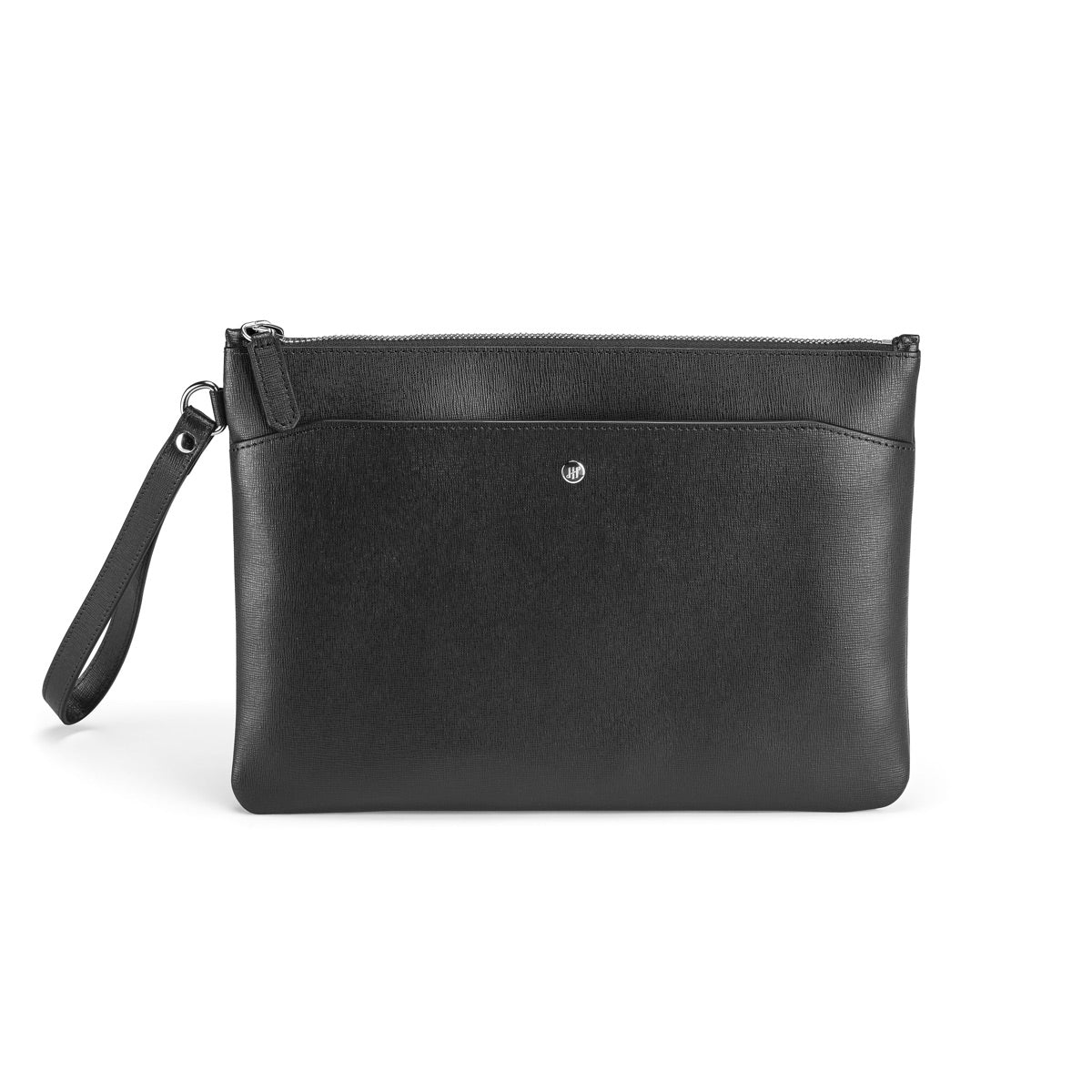 Black leather clutch bag, PELLETTERIA MONTEGRAPPA MOD. IC00IP00, featuring a sleek design with wrist strap and metal logo detail.