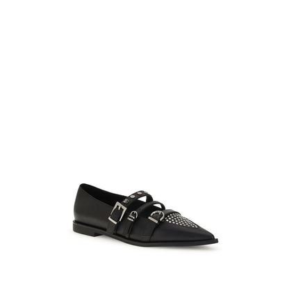 PINKO Black Calf Leather Bos Taurus Ballet Flats with studded almond toe and three-buckle closure, bold design ankle strap.