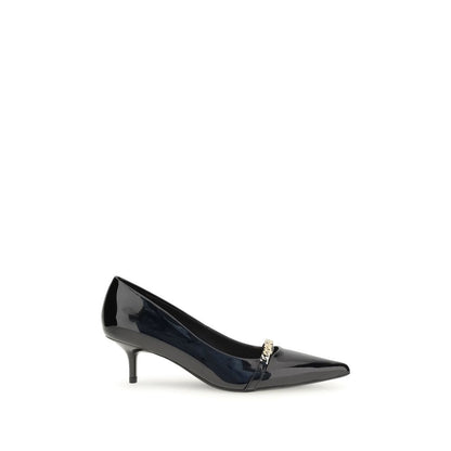PINKO Black Calf Leather Bos Taurus Mid Heel Pumps with pointed toe and decorative chain embellishment.