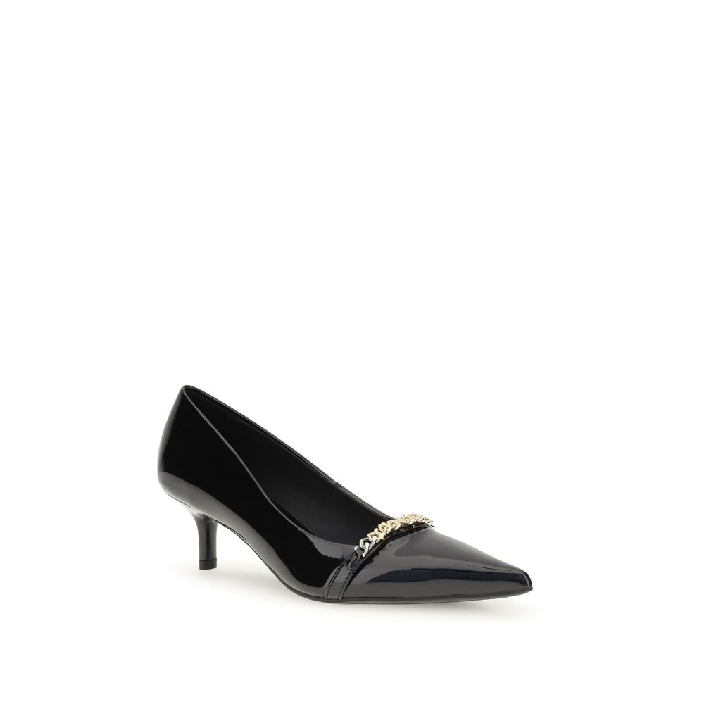 PINKO Black Calf Leather Bos Taurus Mid Heel Pumps with chain detail on patent leather finish.