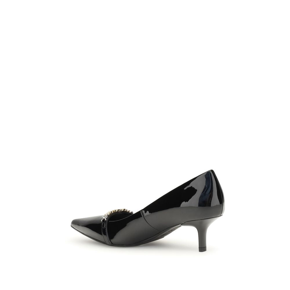 PINKO Black Calf Leather Bos Taurus Mid Heel Pumps with patent finish and decorative chain on the pointed toe.