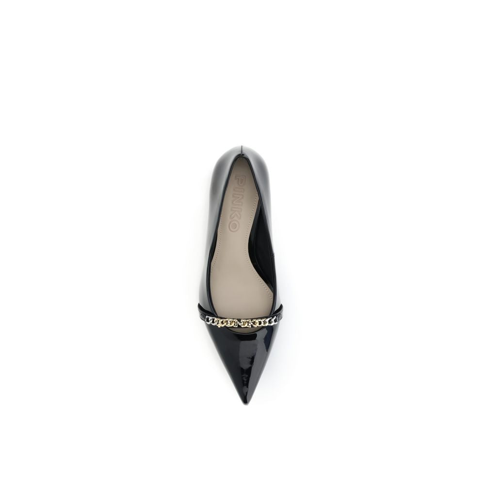 PINKO Black Calf Leather Bos Taurus Mid Heel Pumps with patent leather finish and chain detail, top view.
