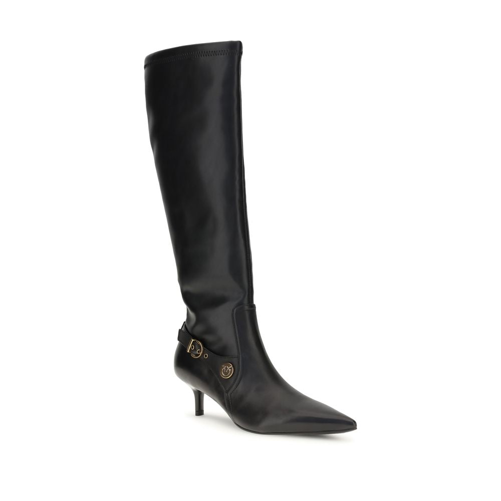 PINKO Black Goatskin Ankle Boots with rounded toes and high heels, featuring internal zippers and refined straps with metal loops.