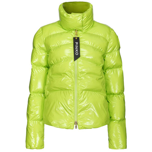 PINKO Green Polyamide Jackets & Coat - Shiny crystal nylon padded jacket with zip and snap closure, side pockets, rubber logo on shoulder.
