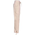 Side view of PINKO Pink Cotton Jeans & Pant with ribbon belt, cargo pockets, and two-button zip fastening.