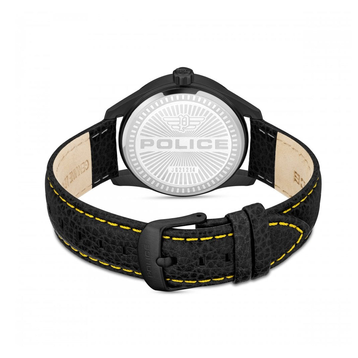 POLICE Mod. GRILLE wristwatch with black IP steel case and leather strap, back view showing branding, 3 ATM water resistance.