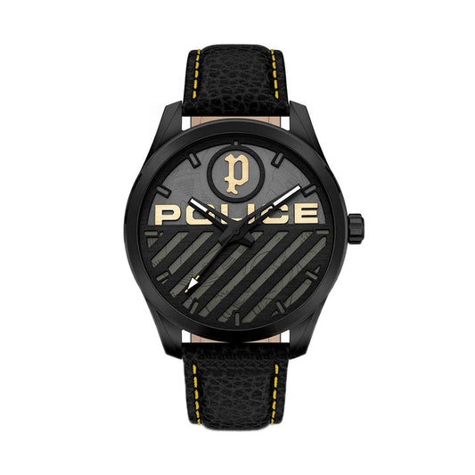 POLICE Mod. GRILLE men's wristwatch, 48mm SS IP Black case, leather strap, quartz movement, official packaging