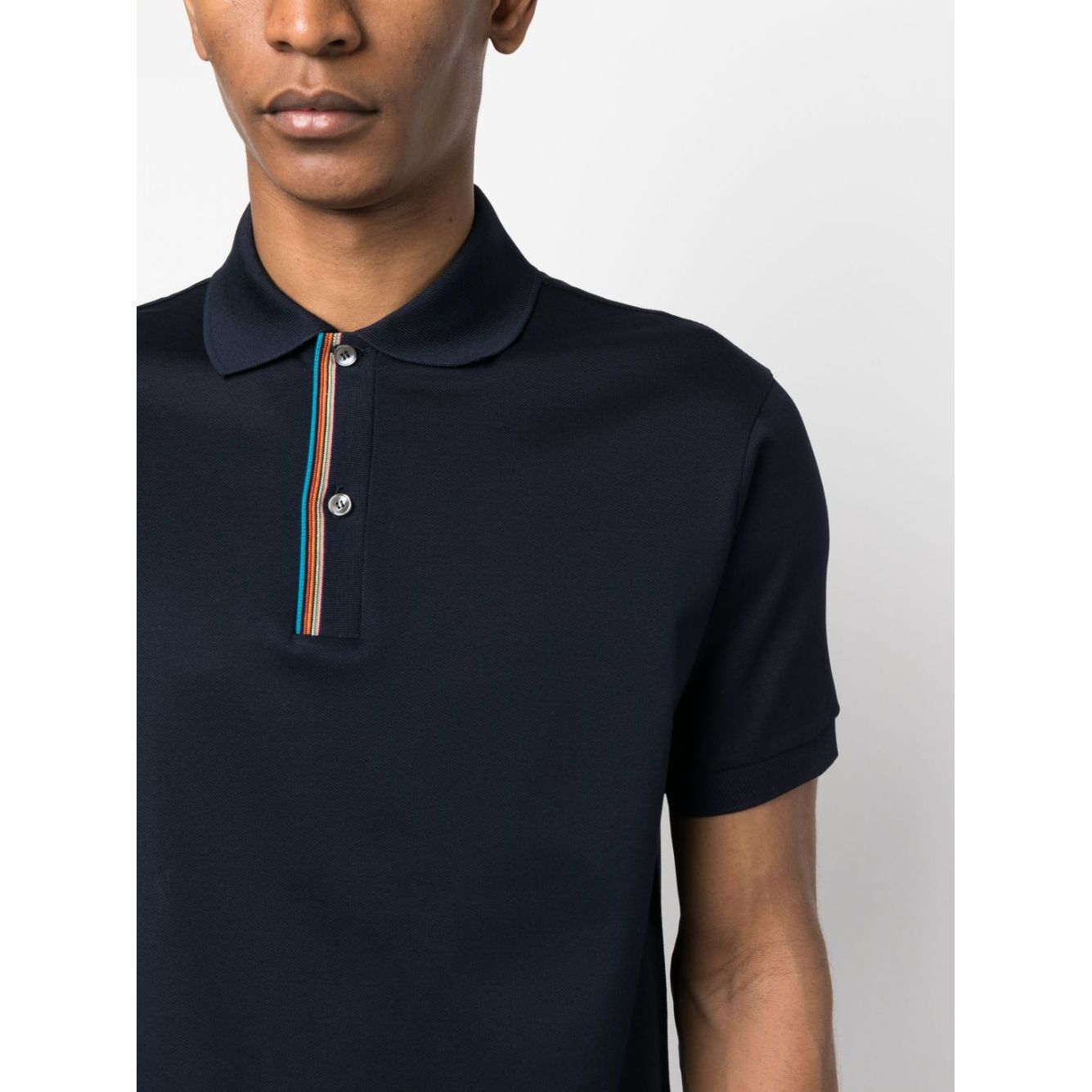 PS By Paul Smith T-shirts and Polos Blue with rainbow stripe cotton polo, navy blue, front button placket, short sleeves.