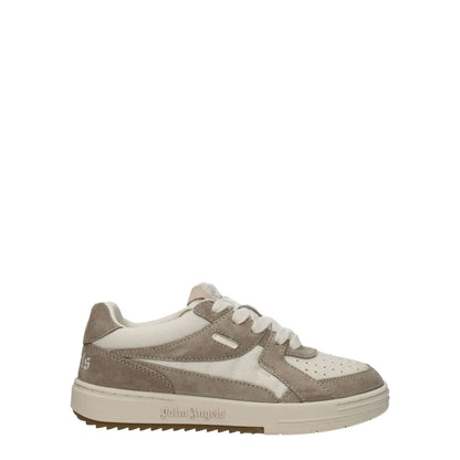 Palm Angels Beige Fabric Low Top Sneakers with suede material, lace-up closure, rubber sole, and side logos. Sporty glam style.