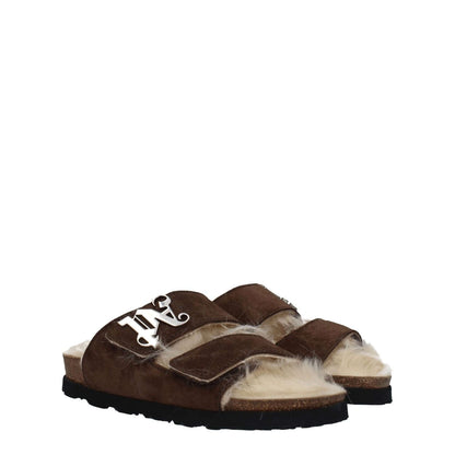 Palm Angels Brown Leather Slippers with front logo, suede material, rubber sole, open toe, and strap closure, MPN PWIH021LEA0016061.