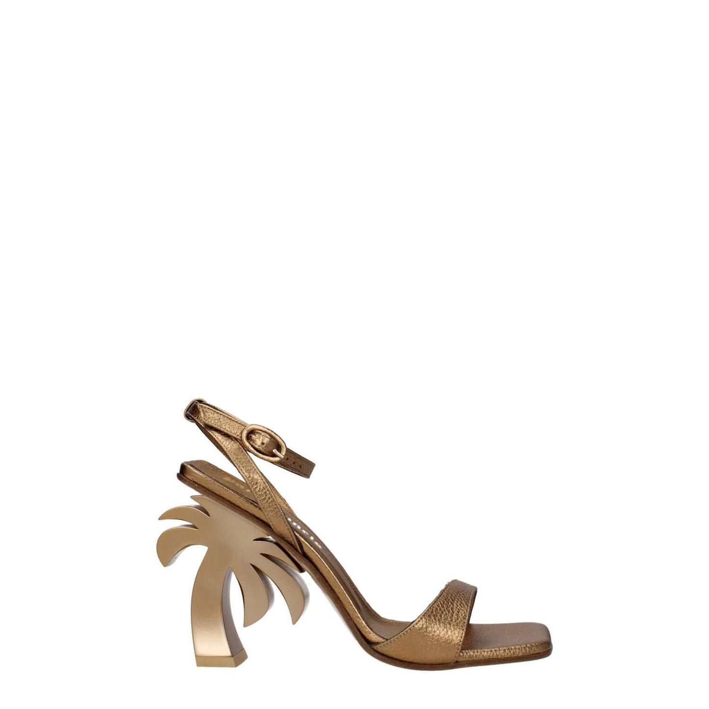 Palm Angels Gold Leather Platform Sandals with buckle closure, open toe, and high heel design featuring palm tree detail.