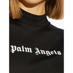 Palm Angels crop T-shirt with logo in black, close-up view showing crew neck and logo detail.
