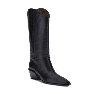 Paris Texas Black Calf Leather Bos Taurus Ankle Boots with tapered silhouette and chunky heel for elegant urban style.