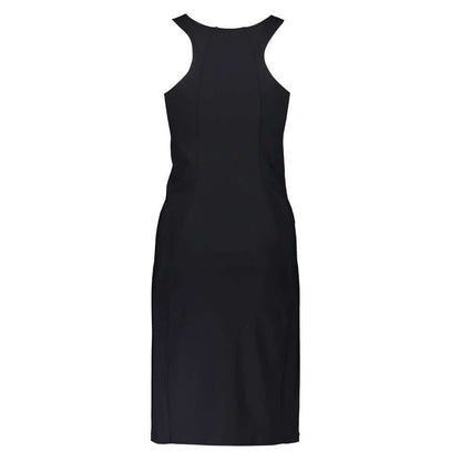 Back view of Patrizia Pepe Black Elastane Dress with wide hat straps and crew neck, featuring logo details.
